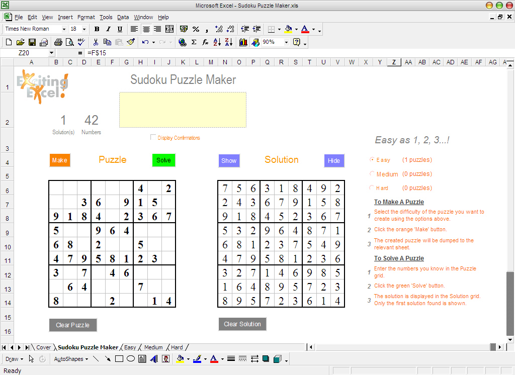 Sudoku puzzle creator and solver - Excel Macros